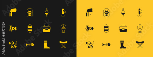 Set Fishing lure, skeleton, Case or box for fishing, boots, net, float, Outboard boat motor and Inflatable with icon. Vector