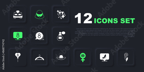 Set Woman shoe, Flower, 8 March in speech bubble, International Women Day, Hanger wardrobe, Handbag and Elegant women hat icon. Vector