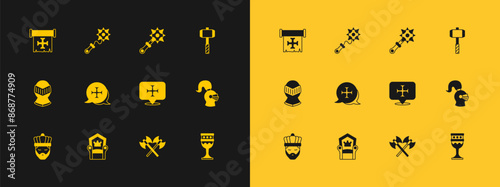 Set Battle hammer, Medieval throne, Crusade, Crossed medieval axes, Mace with spikes, and icon. Vector