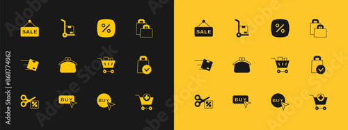 Set Paper shopping bag, Buy button, Shopping cart and food, Wallet, Discount percent tag, Hanging sign with text Sale and Hand truck boxes icon. Vector