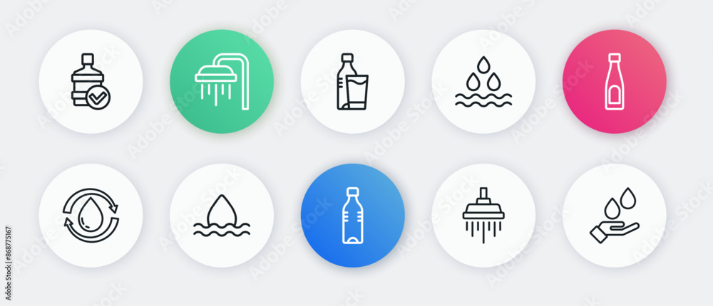 Set line Bottle of water, Recycle clean aqua, Shower, Water drop, with glass, Washing hands soap and icon. Vector Set line Bottle of water, Recycle clean aqua, Shower, Water drop, with glass, Washing hands soap and icon. Vector
