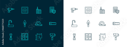 Set line Security keypad access panel, Window in room, Roulette construction, House plan, Trowel, City landscape, Electric drill machine and Electrical outlet icon. Vector