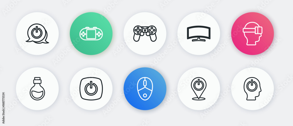 Set line Computer mouse, Virtual reality glasses, Bottle with magic elixir, Power button, monitor, Game controller joystick, and icon. Vector Set line Computer mouse, Virtual reality glasses, Bottle with magic elixir, Power button, monitor, Game controller joystick, and icon. Vector