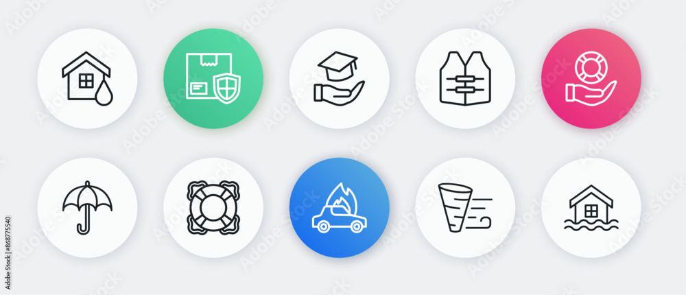 Set line Burning car, Lifebuoy hand, Umbrella, Tornado, jacket, Education grant, House flood and icon. Vector Set line Burning car, Lifebuoy hand, Umbrella, Tornado, jacket, Education grant, House flood and icon. Vector