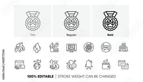Photo thumbnail, Money calendar and Destination flag line icons. Pack of Inflation, Wallet money, Cable section icon. Calendar, Medicine price, Fast food pictogram. Flammable fuel. Line icons. Vector