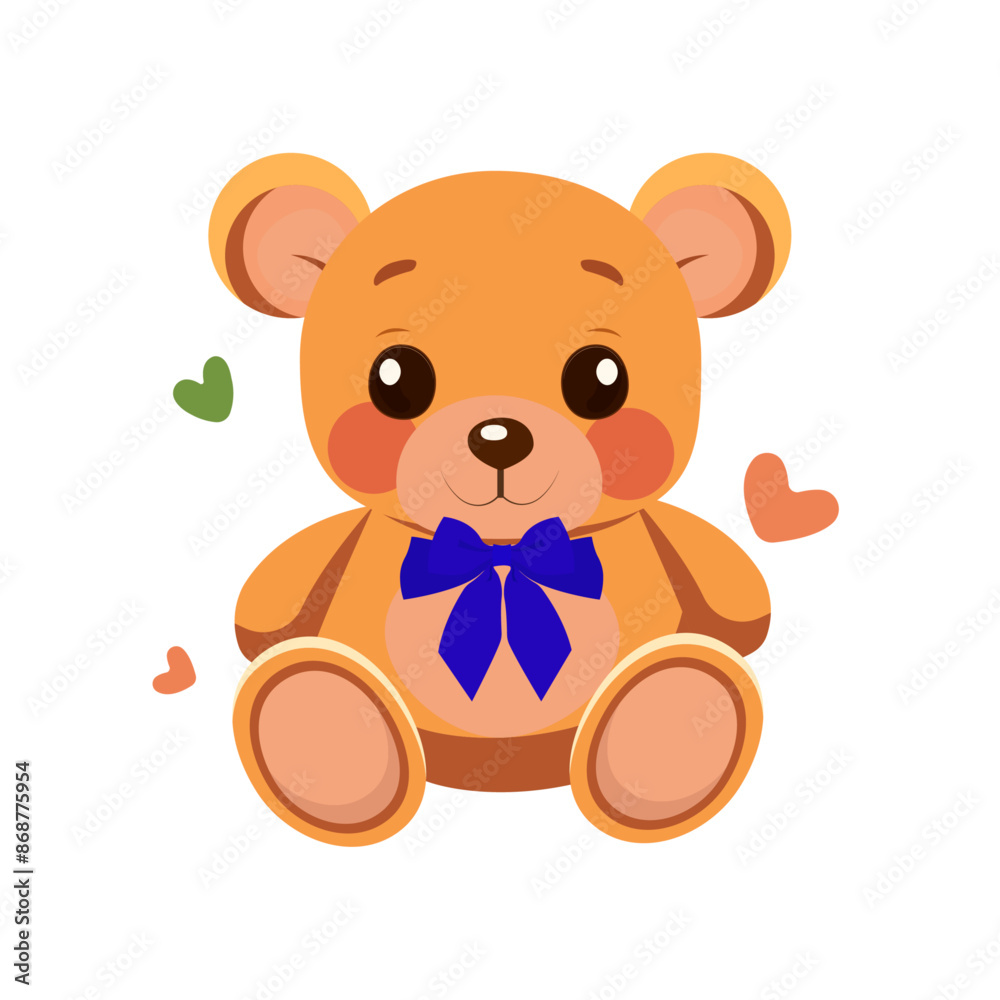 Fototapeta premium A cute teddy bear with a blue bow around his neck surrounded by little hearts