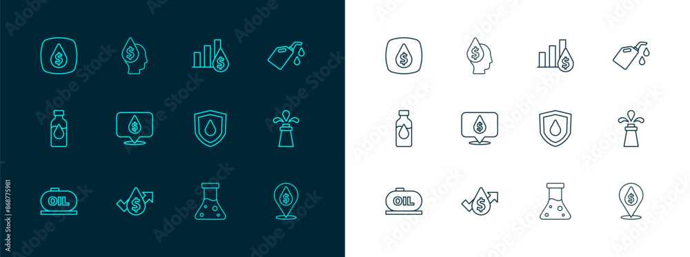 Set line Canister for motor machine oil, Oil price increase, drop on shield, petrol test tube, with dollar symbol, Pie chart and, and icon. Vector Set line Canister for motor machine oil, Oil price increase, drop on shield, petrol test tube, with dollar symbol, Pie chart and, and icon. Vector
