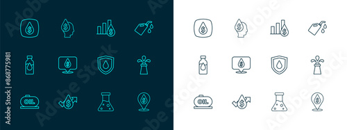 Set line Canister for motor machine oil, Oil price increase, drop on shield, petrol test tube, with dollar symbol, Pie chart and, and icon. Vector