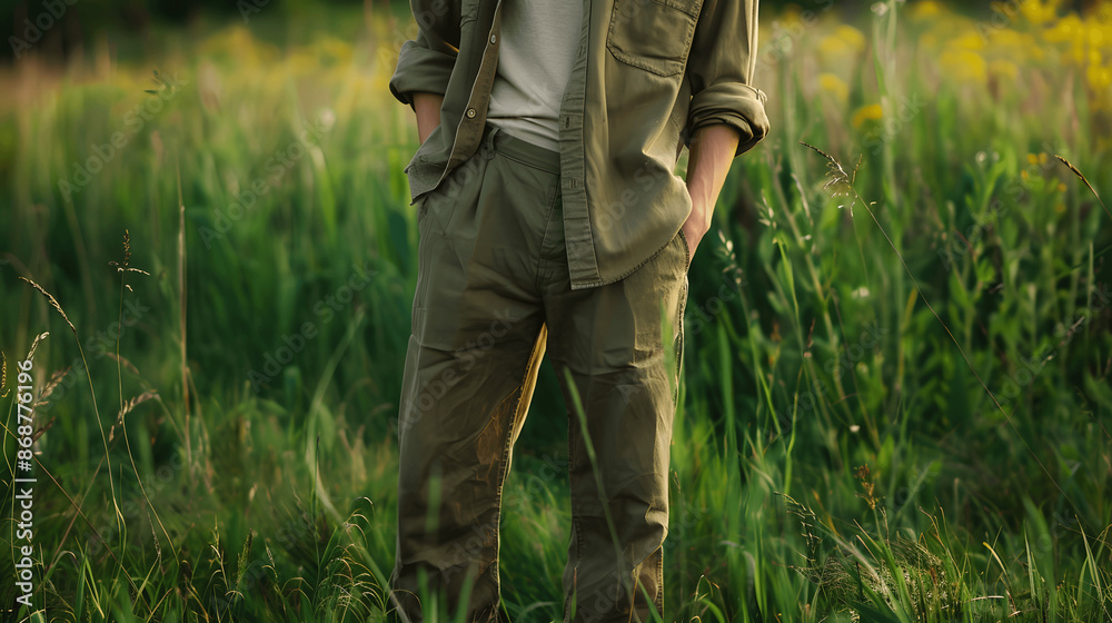 Man in hemp shirt and organic cotton trousers in green field Man in hemp shirt and organic cotton trousers in green field