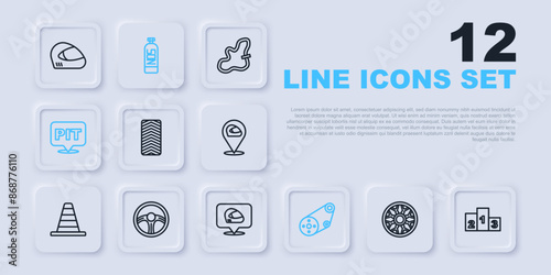 Set line Alloy wheel for car, Award over sports winner podium, Car tire, Timing belt kit, Pit stop, Racing steering, Nitrous oxide and helmet icon. Vector