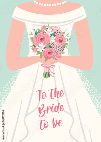 Illustration of cute bride with bouquet of flowers. Vector card for wedding concept and other