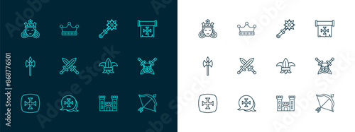 Set line Crusade, Fleur lys or lily flower, Castle, Crossed medieval sword, Mace with spikes, Princess queen and King crown icon. Vector photo