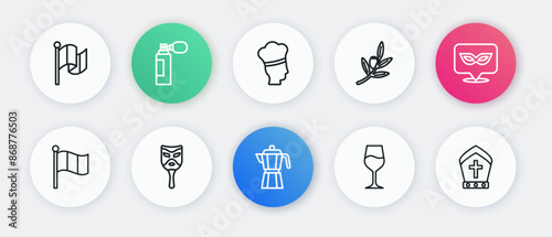 Set line Coffee maker moca pot, Carnival mask, Flag Italy, Wine glass, Olives branch, Italian cook, Pope hat and icon. Vector