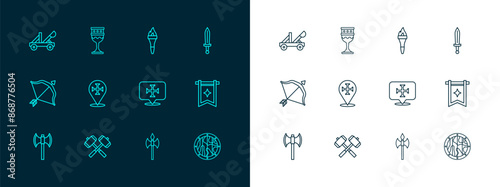Set line Medieval sword, Crossed battle hammers, Crusade, axe, Torch flame, catapult and goblet icon. Vector