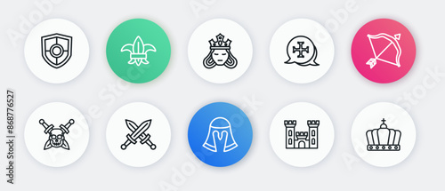 Set line Medieval helmet, bow and arrow, Skull with sword, Castle, Crusade, Princess queen, King crown and Crossed medieval icon. Vector
