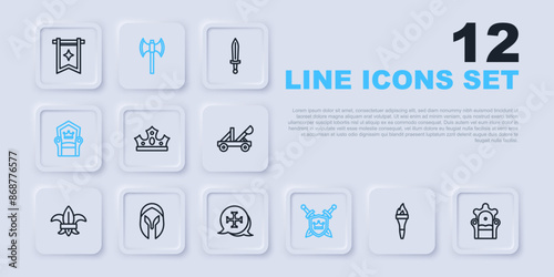 Set line Torch flame, Medieval throne, King crown, Shield with swords, helmet, poleaxe and Crusade icon. Vector