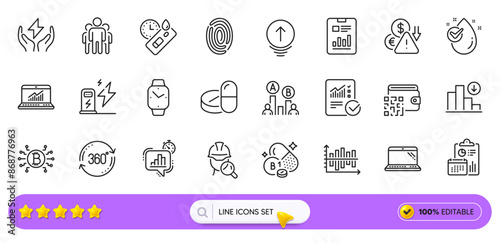 Qr code, Swipe up and Online statistics line icons for web app. Pack of Covid test, Thiamine vitamin, Water drop pictogram icons. Checked calculation, Charging station, Smartwatch signs. Vector