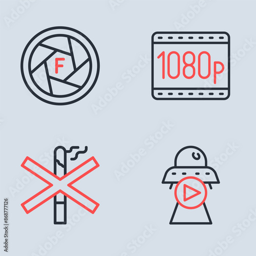 Set line Full HD 1080p, No smoking, Science fiction and Camera shutter icon. Vector