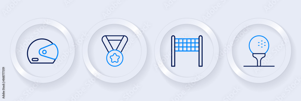 Set line Golf ball on tee, Volleyball net, Medal and Racing helmet icon. Vector Set line Golf ball on tee, Volleyball net, Medal and Racing helmet icon. Vector