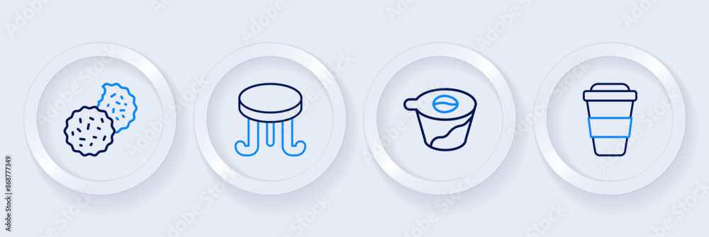 Set line Coffee cup to go, Pour over coffee maker, table and Cookie or biscuit icon. Vector Set line Coffee cup to go, Pour over coffee maker, table and Cookie or biscuit icon. Vector
