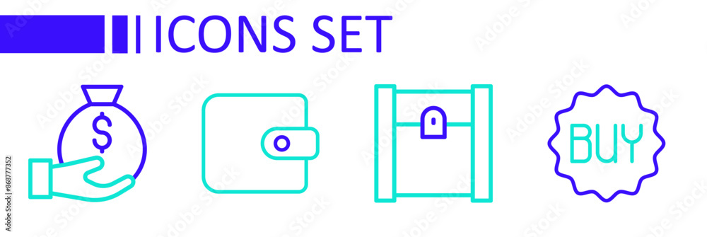 Set line Buy button, Paper shopping bag, Wallet and Money icon. Vector Set line Buy button, Paper shopping bag, Wallet and Money icon. Vector