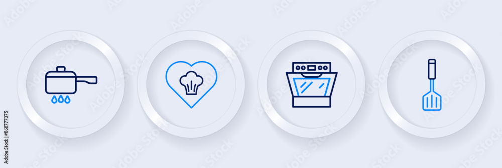 Set line Spatula, Oven, Chef hat and Cooking pot on fire icon. Vector Set line Spatula, Oven, Chef hat and Cooking pot on fire icon. Vector
