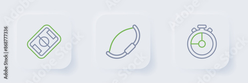 Set line Stopwatch, Medieval bow and Football field icon. Vector