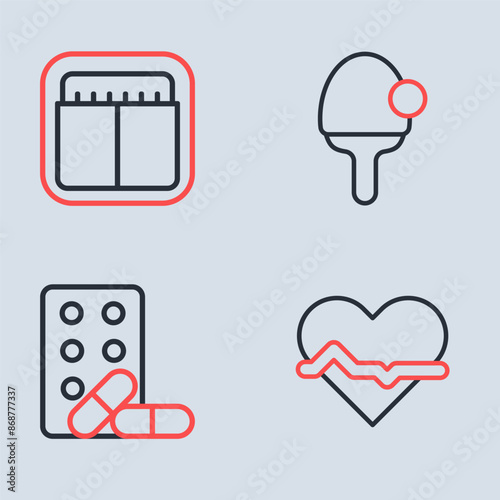 Set line Racket, Sports doping with dumbbell, Heart rate and mechanical scoreboard icon. Vector