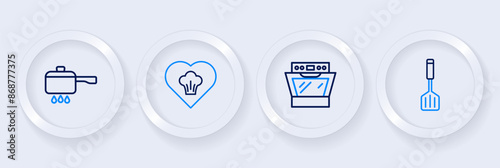 Set line Spatula, Oven, Chef hat and Cooking pot on fire icon. Vector