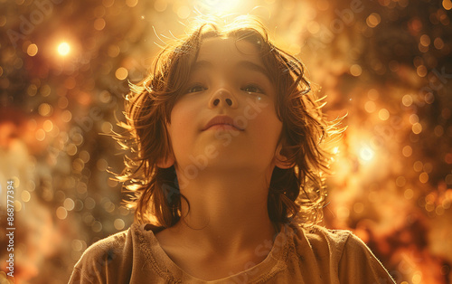 Young Boy Looking Up at Golden Lights