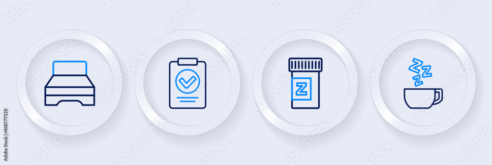 Set line Chamomile tea, Sleeping pill, Medical prescription and Big bed icon. Vector Set line Chamomile tea, Sleeping pill, Medical prescription and Big bed icon. Vector