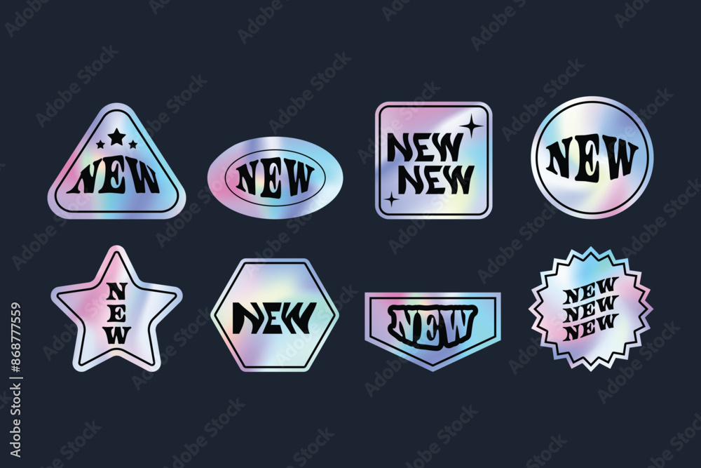 Y2k holographic stickers set. NEW text for Sale label tags. Retro gradient foil shapes and futuristic labels. Y2k holographic stickers set. NEW text for Sale label tags. Retro gradient foil shapes and futuristic labels.