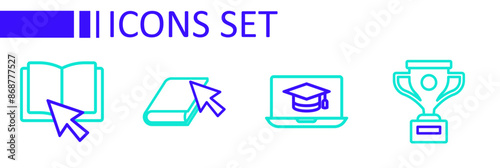 Set line Award cup, Graduation cap on laptop, Online book and icon. Vector