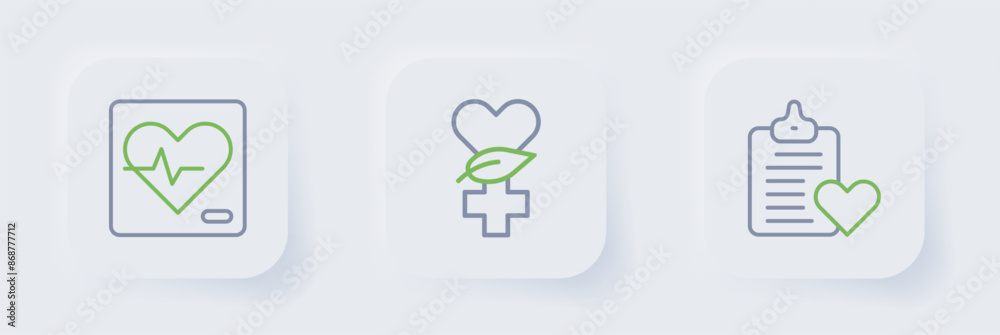 Fotografie Set line Patient record, Ethnoscience and Heart rate icon. Vector