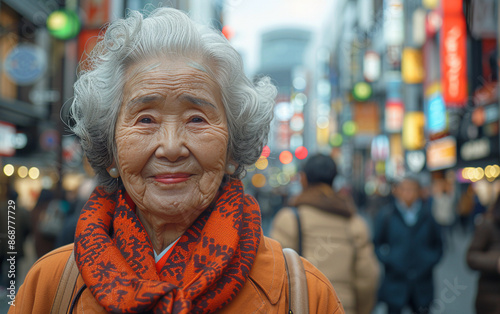 Elderly Woman Smiles In Front of Busy Tokyo Street