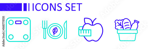 Set line Shopping bag and food, Apple measuring tape, Vegan diet and Bathroom scales icon. Vector