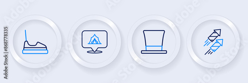 Set line Firework rocket, Cylinder hat, Circus tent and Bumper car icon. Vector