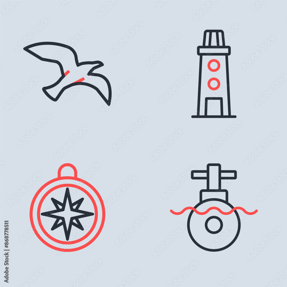 Set line Lighthouse, Compass, Submarine and Bird seagull icon. Vector Set line Lighthouse, Compass, Submarine and Bird seagull icon. Vector
