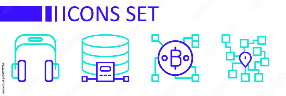 Set line Neural network, Blockchain technology Bitcoin, Cloud database and Headphones icon. Vector Set line Neural network, Blockchain technology Bitcoin, Cloud database and Headphones icon. Vector