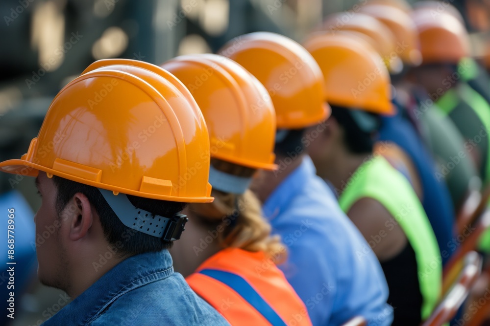 Construction workers in hard hats and vests sitting in a row. Labor day ,workday Construction workers in hard hats and vests sitting in a row. Labor day ,workday