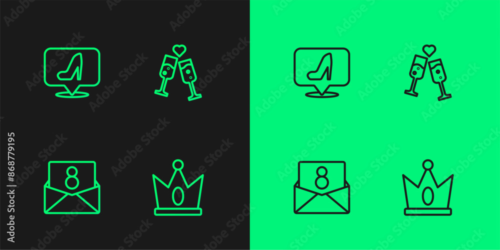 Set line King crown, Envelope with 8 March, Woman shoe and Glass of champagne icon. Vector Set line King crown, Envelope with 8 March, Woman shoe and Glass of champagne icon. Vector