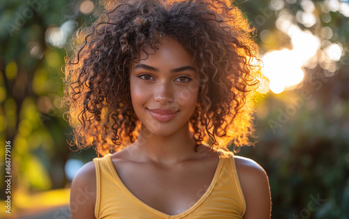 Young Woman With Curly Hair Smiles in Golden Sunlight