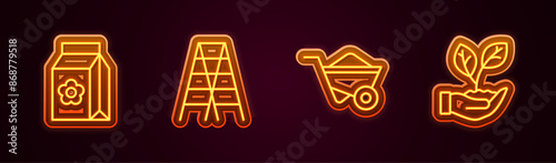 Set line Pack full of seeds, Wooden staircase, Wheelbarrow and Leaf in hand. Glowing neon icon. Vector