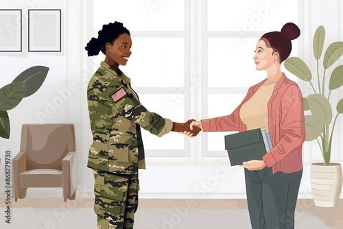 National Hire a Veteran Day July 25, black female military soldier shakes hands with employer in office