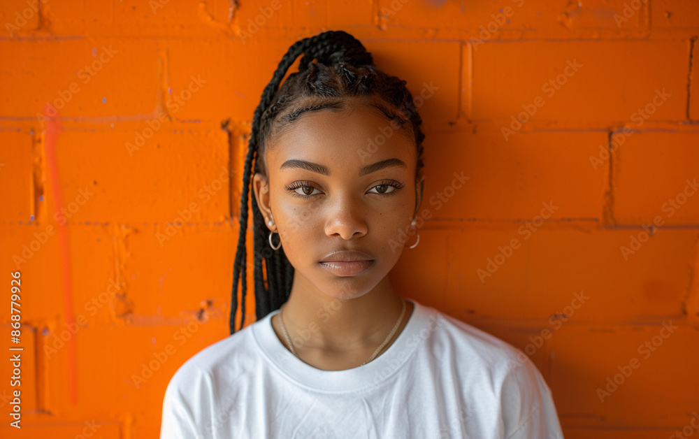 Young Woman With Braided Hair Posing Against Orange Brick Wall Young Woman With Braided Hair Posing Against Orange Brick Wall