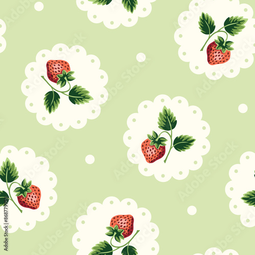 Cottage Core Garden Strawberries in Scalloped Edge Dollies Vector Seamless Pattern. Vintage Feed Sack Backdrop With Nostalgic Retro Design. Fresh Summer Fruit Background