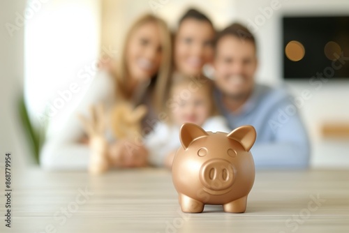 A family is sitting at a table with a piggy bank in front of them