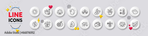 Orange, Lotus and Organic tested line icons. White buttons 3d icons. Pack of Salad, Vitamin e, Thermometer icon. Weather thermometer, Sun, Vegetables pictogram. Antistatic, Water drop, Co2 gas. Vector