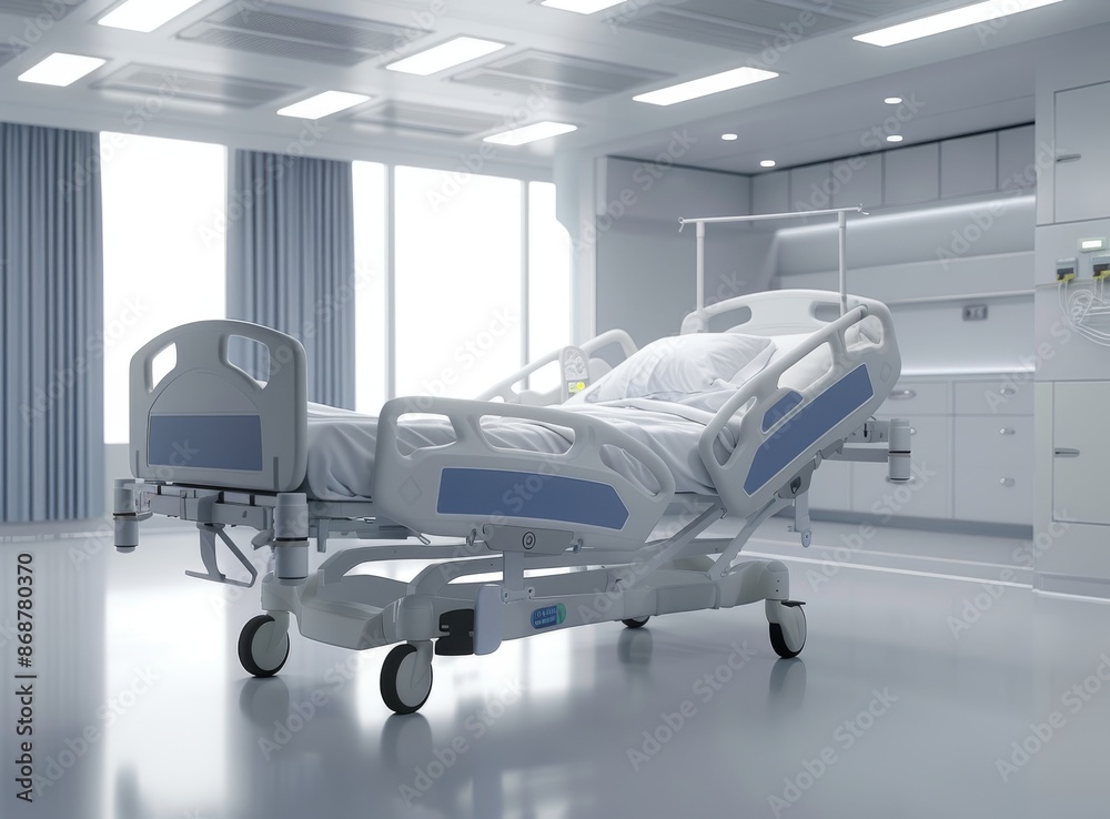 Modern hospital room with an empty bed, advanced medical equipment, and natural light