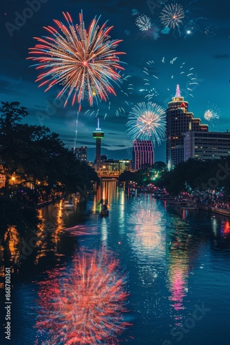  Fireworks over San Antonio skyline with Tower of the Americas and River Walk lit up for celebration at night photo